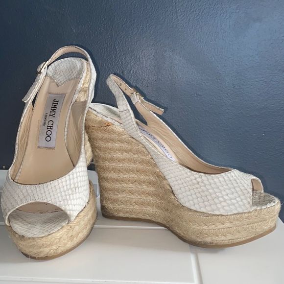 Jimmy Choo White Faux Snakeskin Sling Back Peep Toe Wedge - Picture 1 of 11